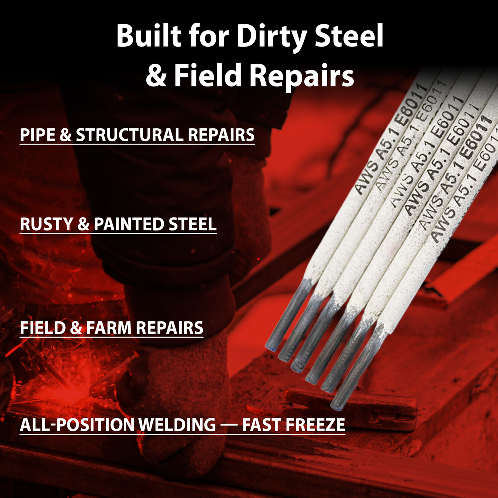 AWS E6011 1/8 in (3.2 mm), 11 lb (5 kg) Box Stick Welding Electrodes – Deep Penetration, All Position, Welds Dirty or Rusty Steel, AC/DC