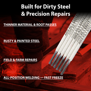 AWS E6011 3/32 in (2.4 mm), 11 lb (5 kg) Box Stick Welding Electrodes – Deep Penetration, All Position, Welds Dirty or Rusty Steel, AC/DC