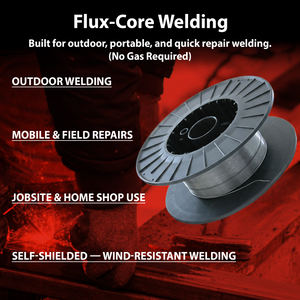 Alambre con núcleo de fundente sin gas AWS E71T-GS de 0,030 pulg (0,8 mm) en bobina de 33 lb (15 kg) "tipo Innershield" – No necesita gas, listo para exteriores, resistente al viento