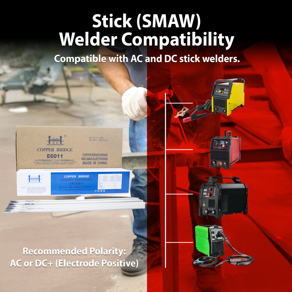 AWS E6011 1/8 in (3.2 mm), 11 lb (5 kg) Box Stick Welding Electrodes – Deep Penetration, All Position, Welds Dirty or Rusty Steel, AC/DC