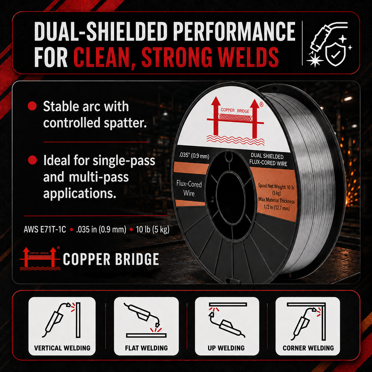 AWS E71T-1C .035 in (0.9 mm), 10 lb (5 kg) Spool, Dual Shielded Flux-Cored Wire