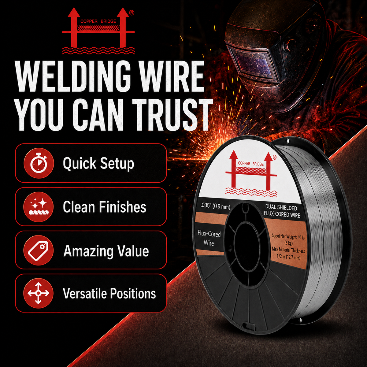 AWS E71T-1C .035 in (0.9 mm), 10 lb (5 kg) Spool, Dual Shielded Flux-Cored Wire