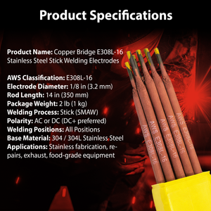 AWS E308L-16 1/8 in (3.2 mm), 2 lb Box Stainless Stick Electrodes