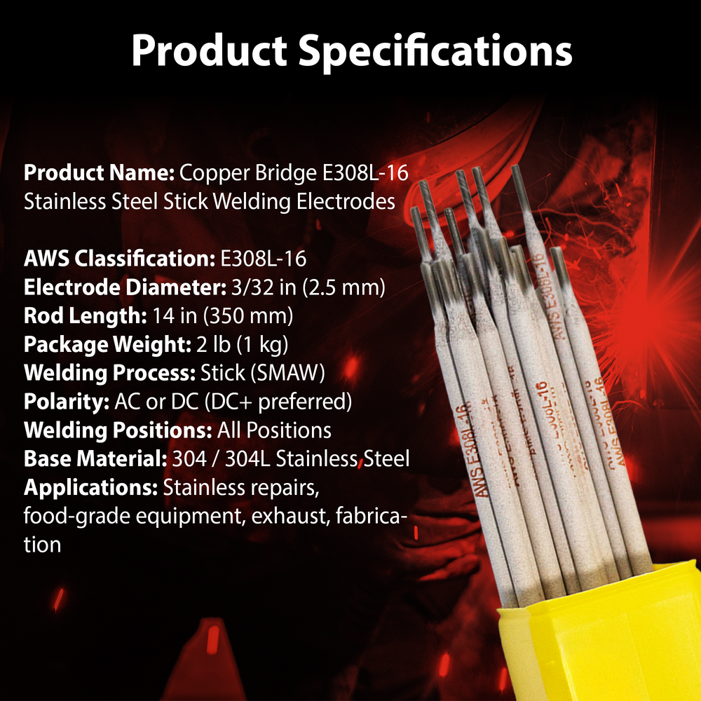 AWS E308L-16 3/32 in (2.5 mm), 2 lb Box Stainless Stick Electrodes