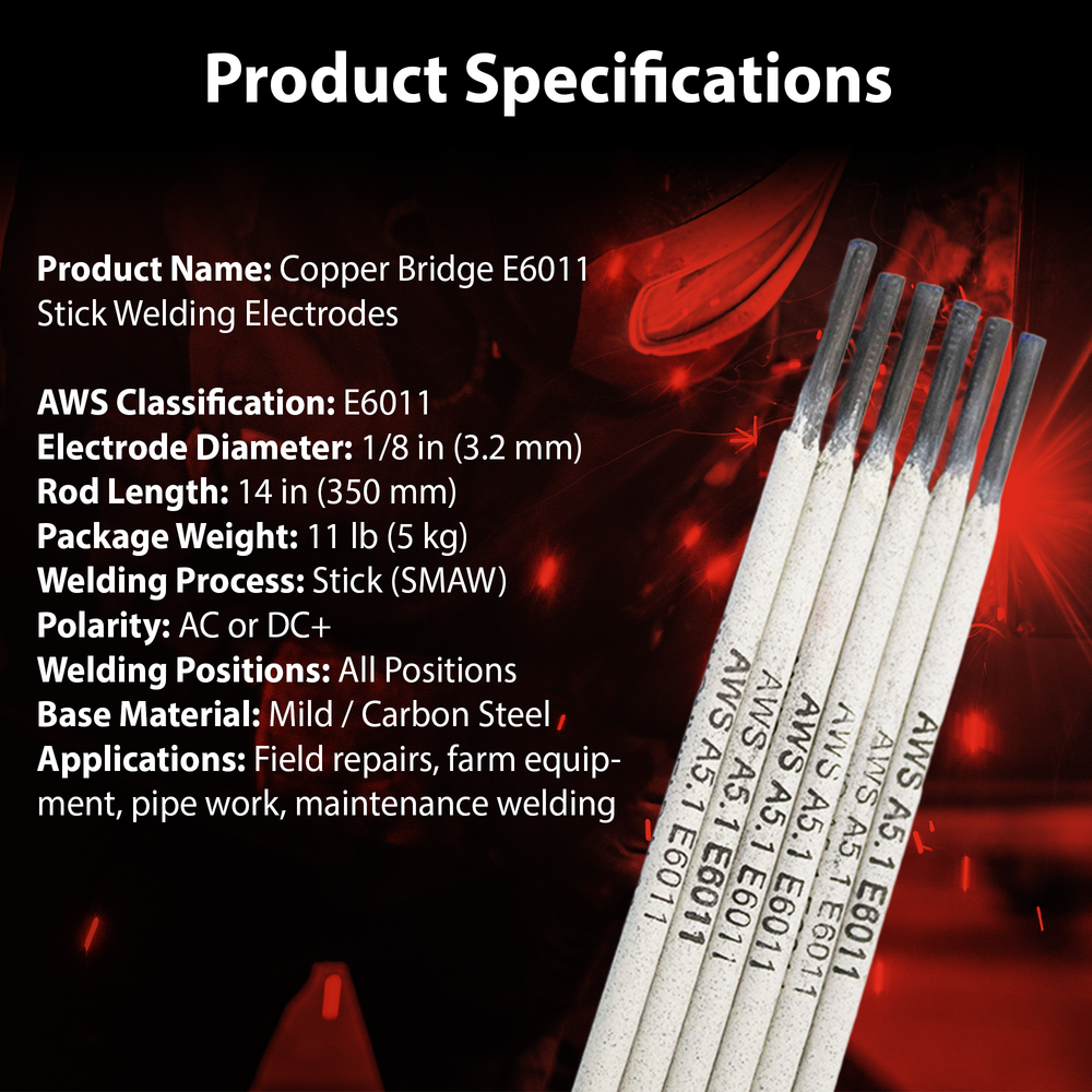 AWS E6011 1/8 in (3.2 mm), 11 lb (5 kg) Box Stick Welding Electrodes – Deep Penetration, All Position, Welds Dirty or Rusty Steel, AC/DC
