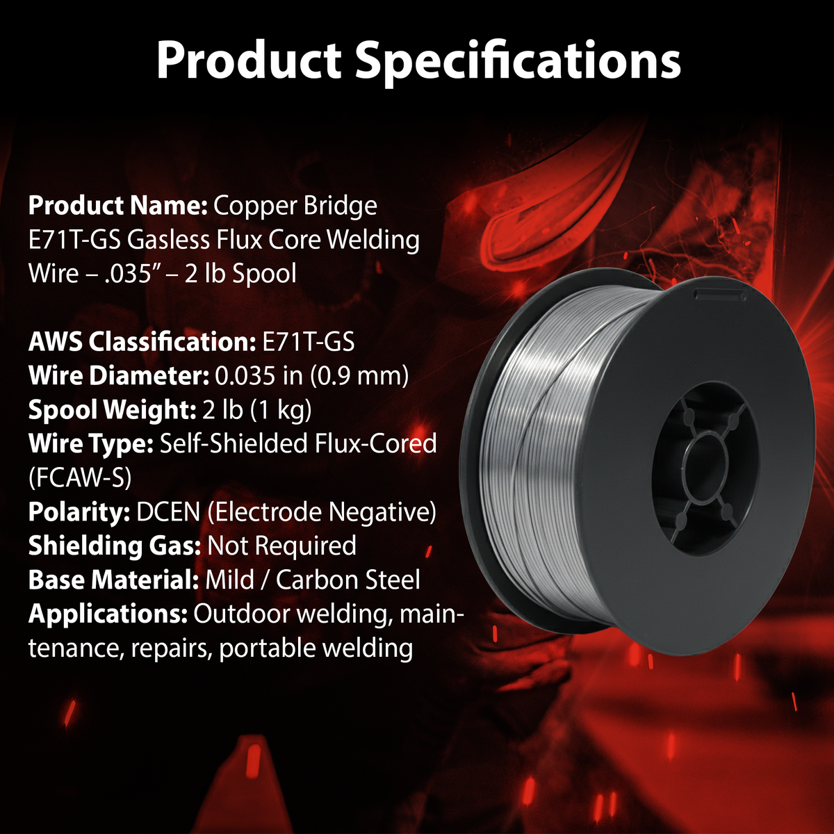 AWS E71T-GS 2 lb (1kg) Spool Gasless Flux-Cored Wire "Innershield Style"