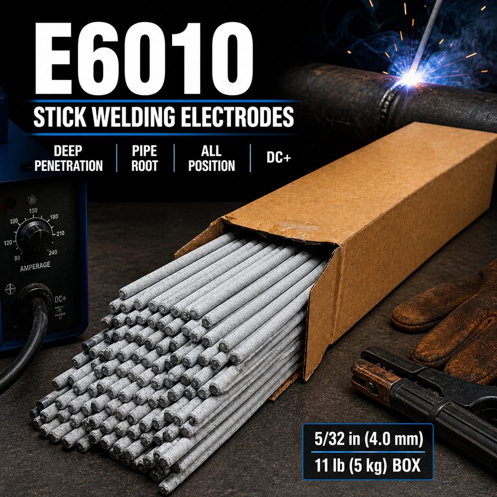 AWS E6010 5/32 in (4.0 mm), 11 lb (5 kg) Box Stick Welding Electrodes – Deep Penetration, Pipe Root, All Position, DC+